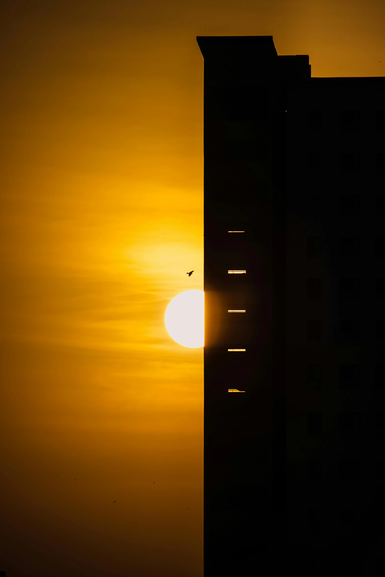 the silhouette of a building is seen with the sun in the distance