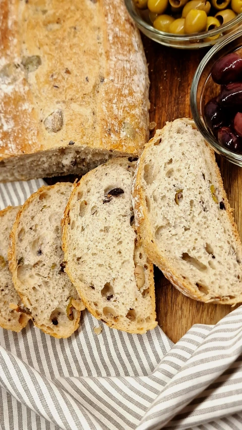 an image of bread with olives and olives on the side