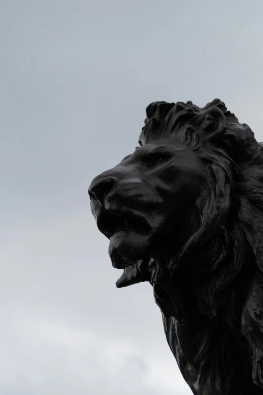 the top part of a lion statue, with cloudy sky in the background