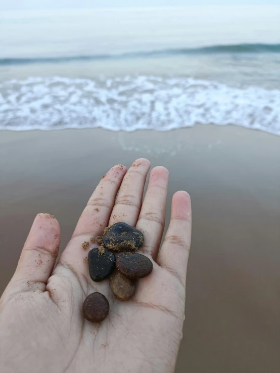 two rocks are sitting on a person's hand at the beach