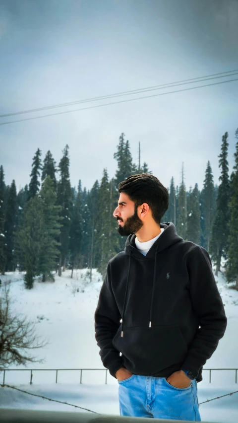 man with beard in winter landscape looking towards camera