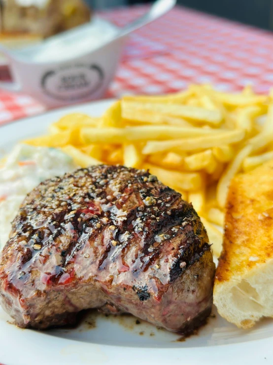 a meal served on a plate including steak, fries and dip