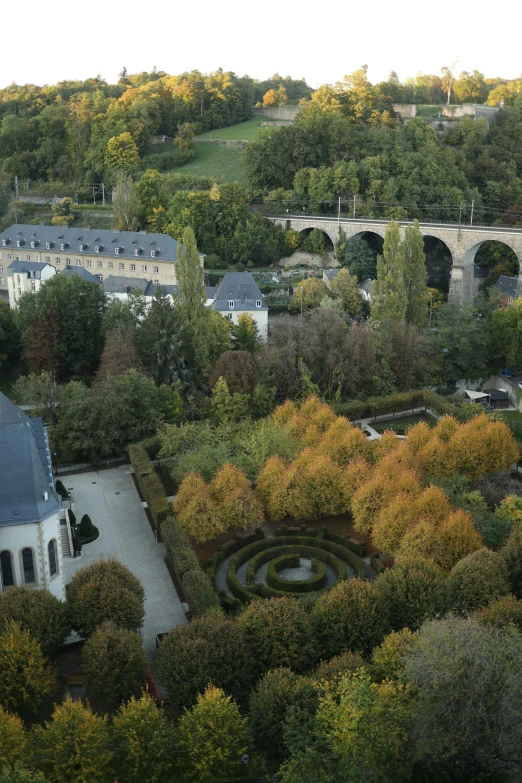 aerial view of trees, buildings, a bridge and walkway