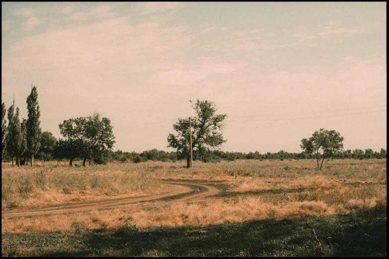 an old po of a dirt road in the middle of a field