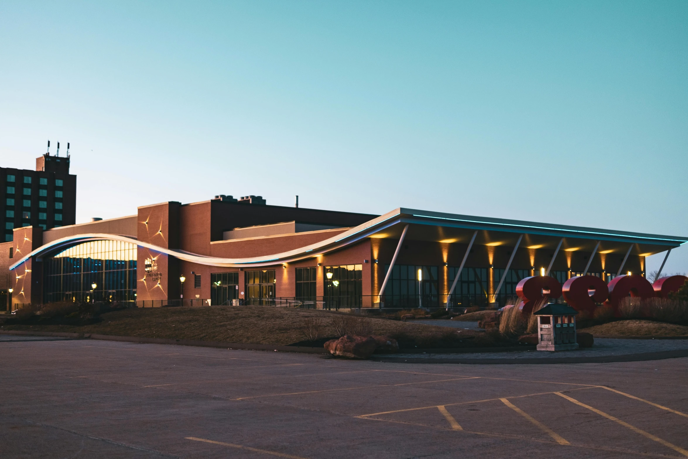 a building has large blown up wood outside