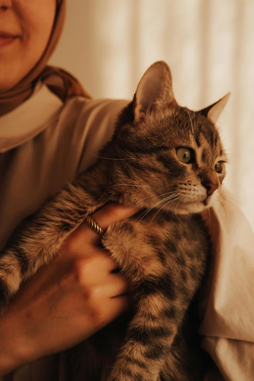 a woman holding a cat, in a room