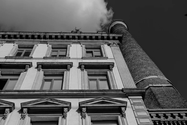 a black and white pograph of a large building