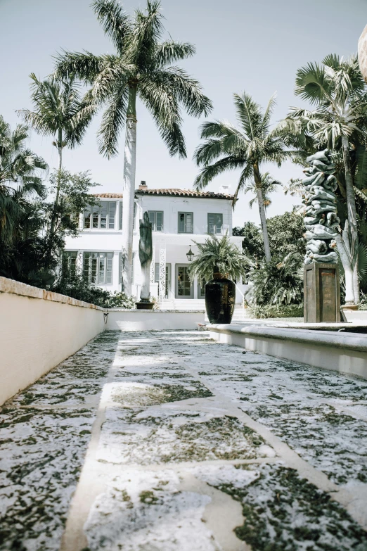 a large house with palm trees in the back ground