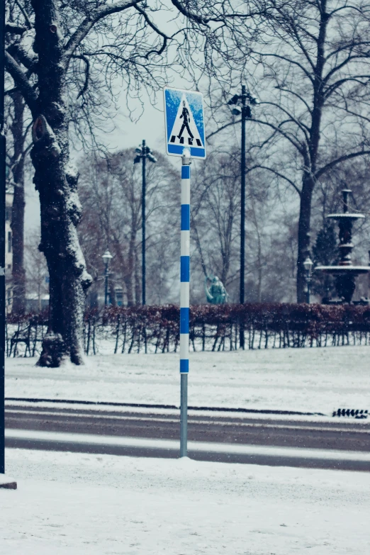 a street sign sitting on the side of a snow covered road