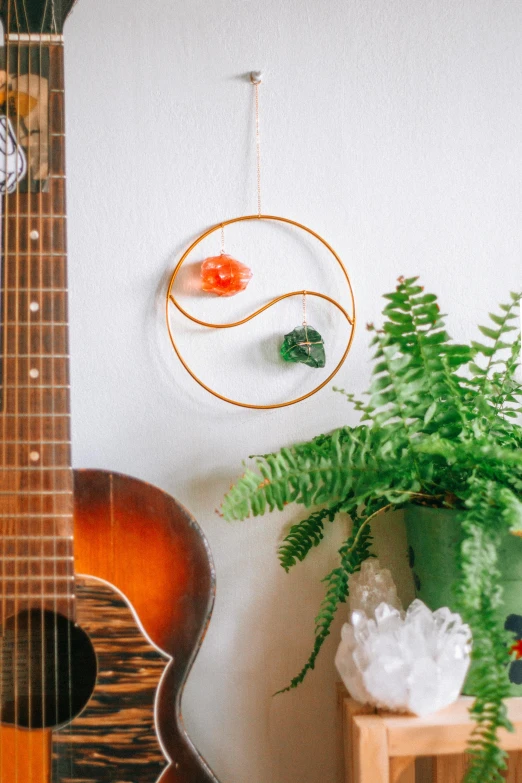 a guitar and a plant in a room