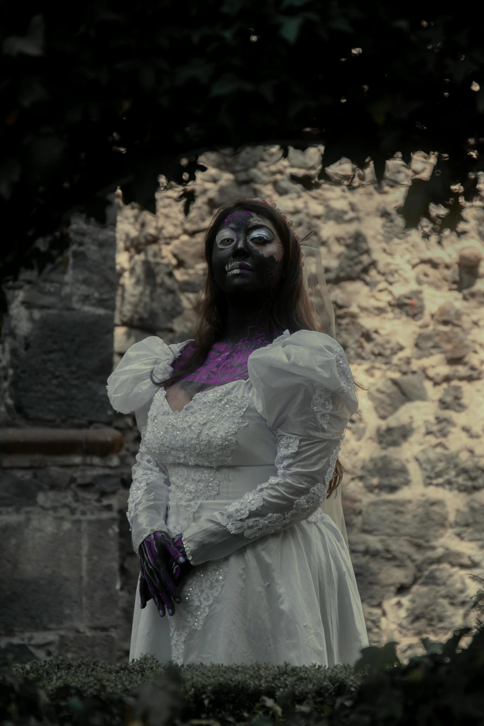 an older woman in a white dress with makeup painted on her face