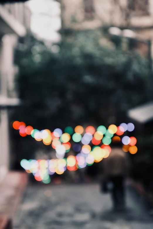 a blurry street scene with people walking down the sidewalk