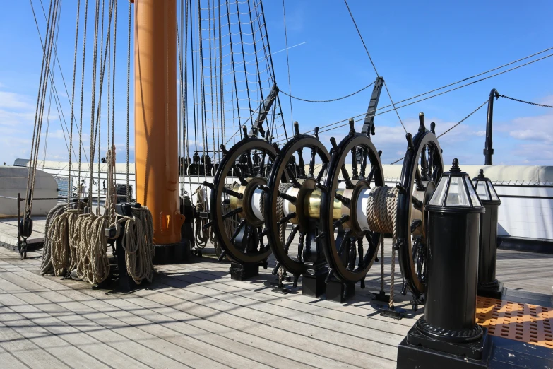 ropes and buoys at the bow of a large boat