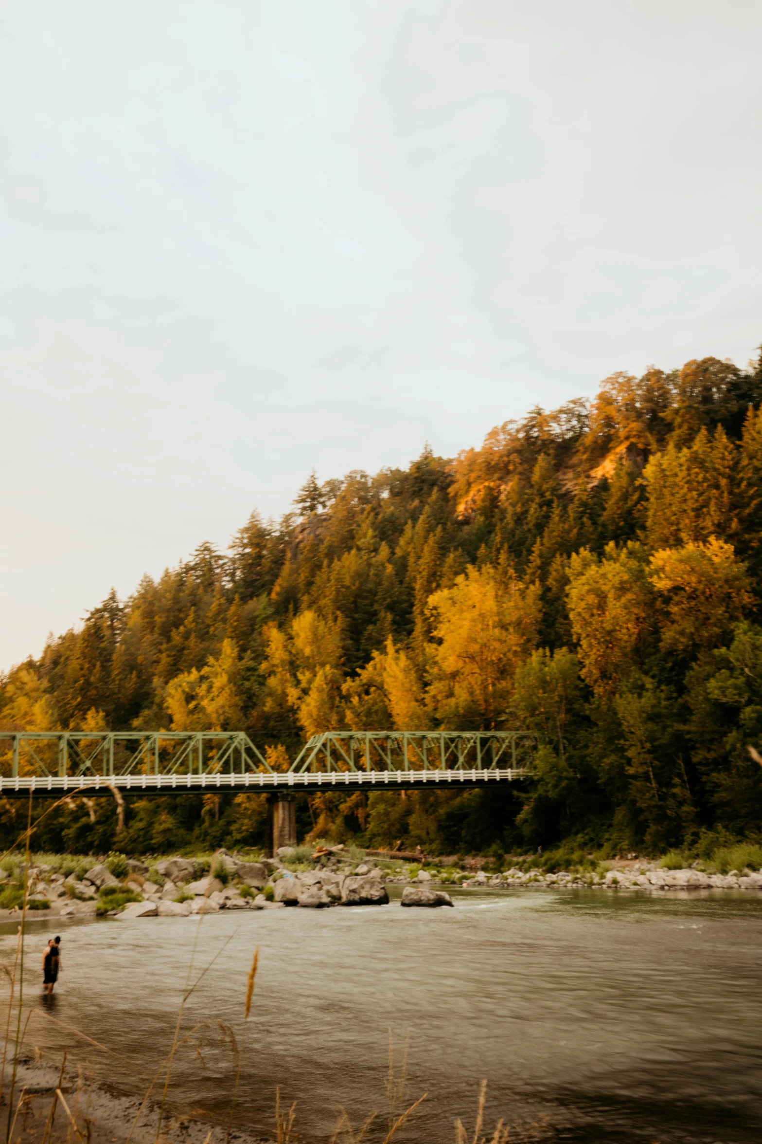 a bridge above the water by trees that are turning yellow