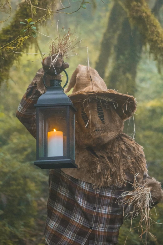 a person is holding up a lit lantern in the woods