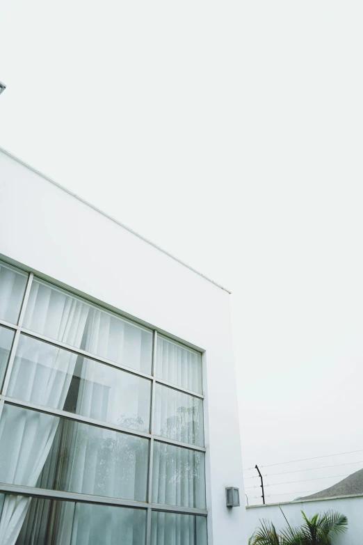 a building with a white awning and a palm tree