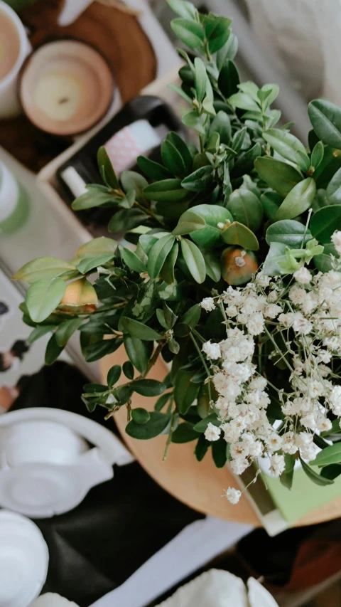 white flowers are arranged on the tables and plates