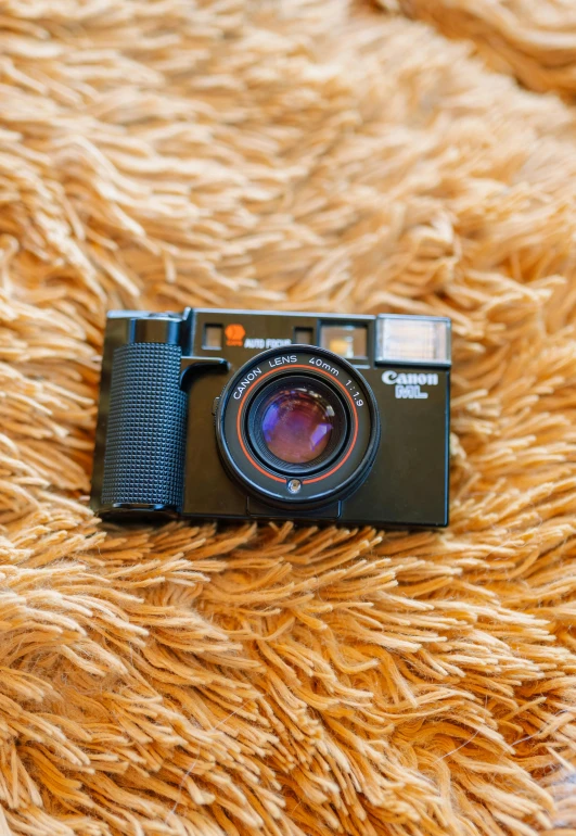 an old camera on the ground with a yellow fur pattern