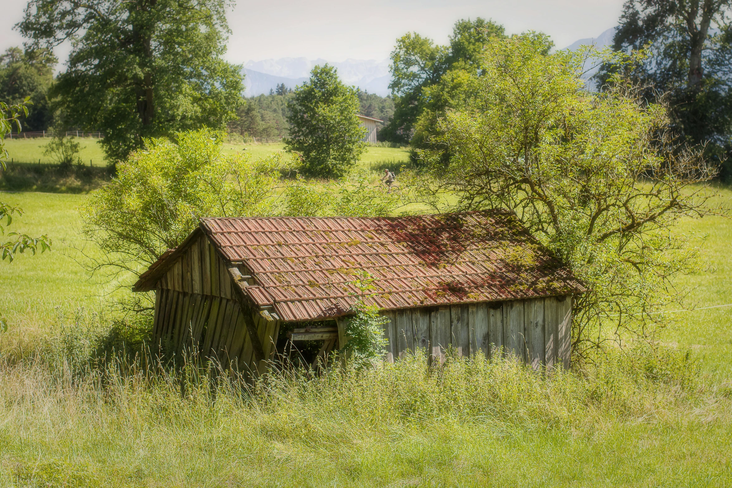 an old outhouse and barn sitting in a field