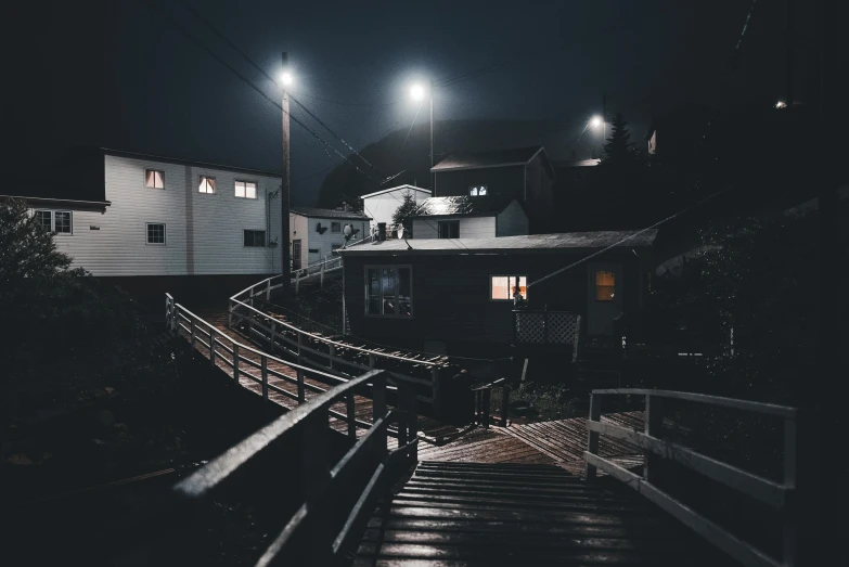 the stairway that is leading to a house at night