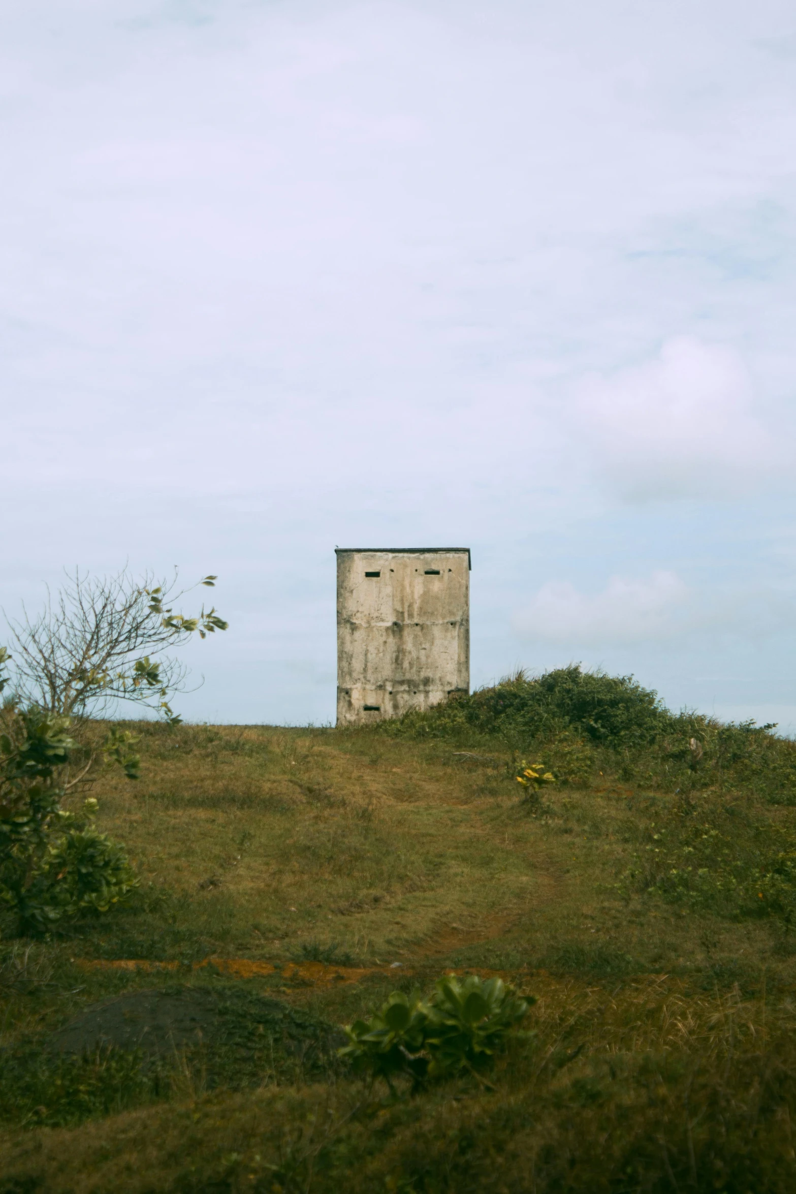 a small concrete object on a hill with trees