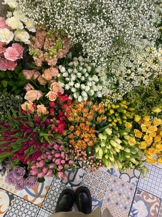 a couple of brown shoes standing next to flowers