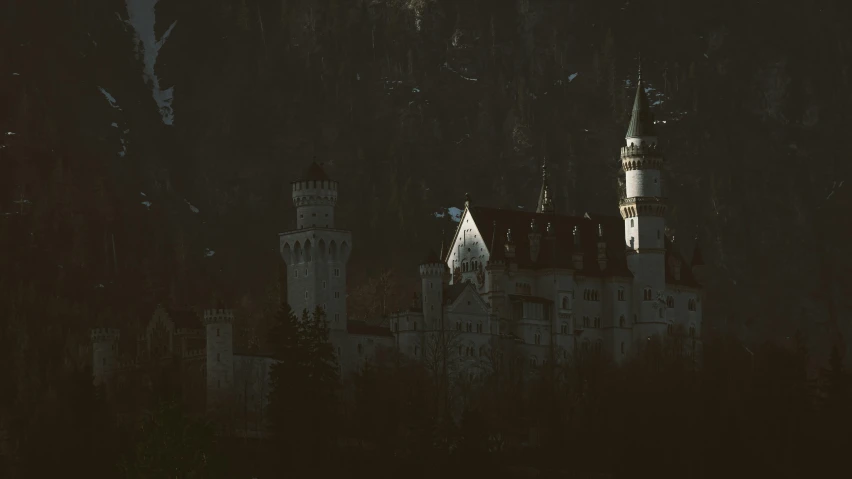 a large castle with towers sitting among the trees