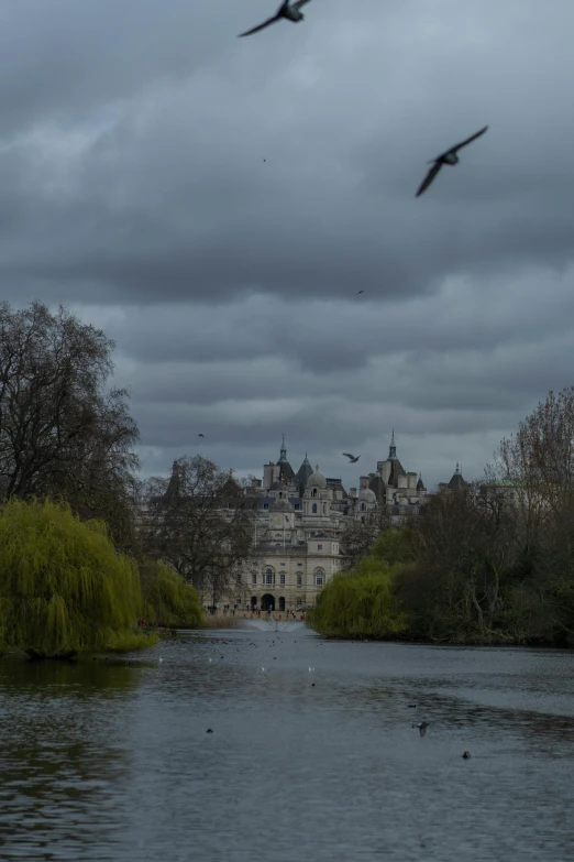 birds fly over the waters in front of large castle