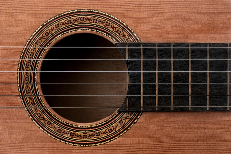 the top part of an acoustic guitar with a brown body and strings