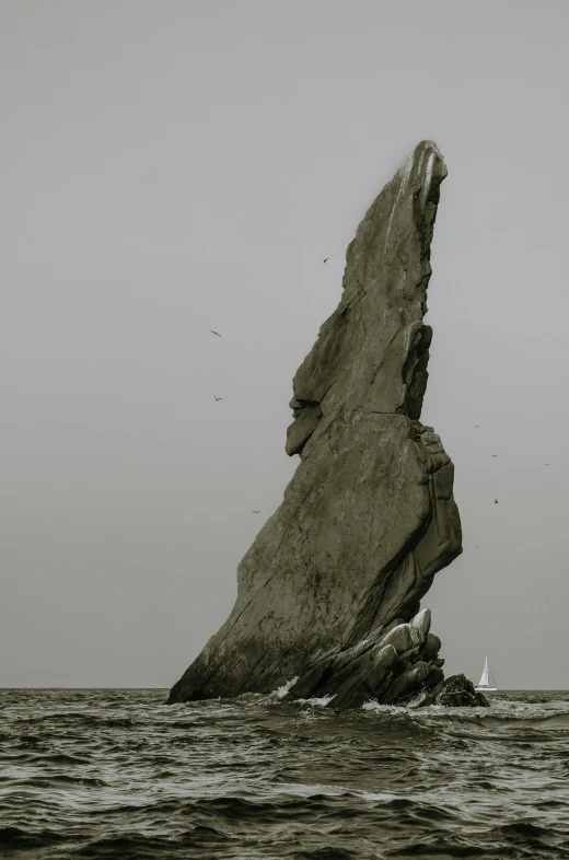 a black and white image of a large rock out in the ocean