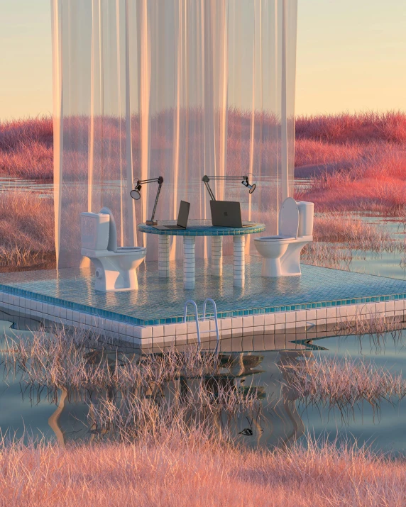 some pink grass water and two toilets sitting on top of a pier