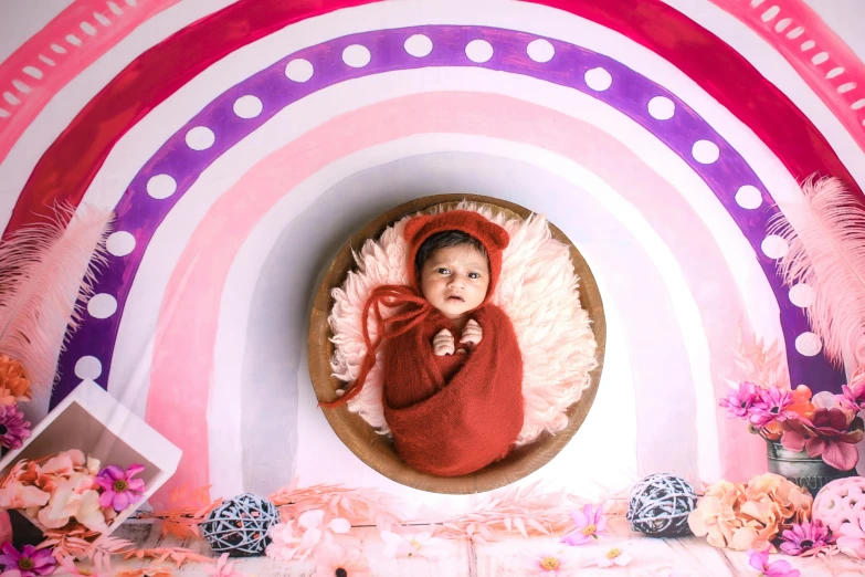 a baby laying on a large white and purple circular object