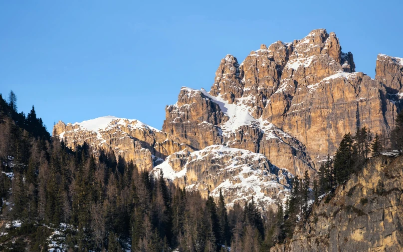 the mountain is snow capped with tall pine trees