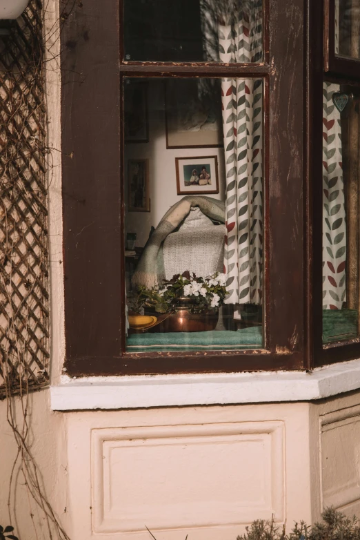 a window view of a living room with flowers