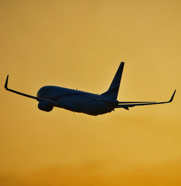 the silhouette of an airplane flies at sunset