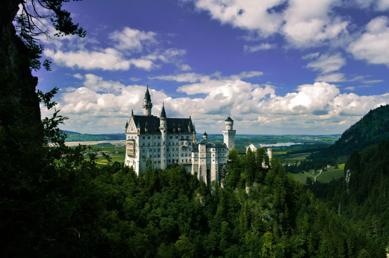 a castle surrounded by trees in the middle of a forest