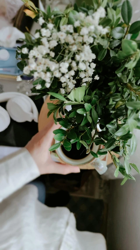 a hand holds a small cup full of flowers