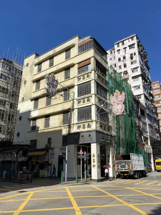 tall buildings with various floors and a street corner