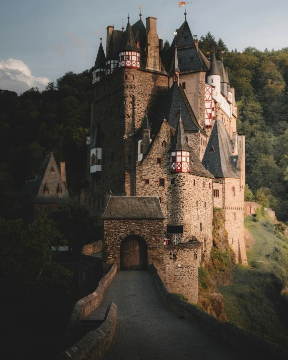 the castle building has towers near the entrance