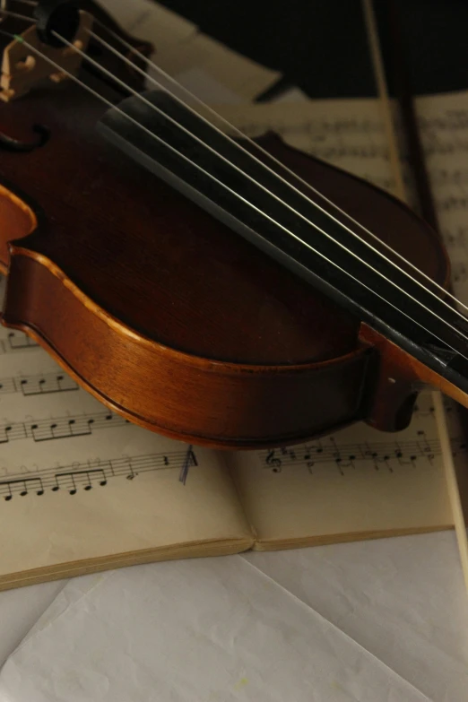 a closeup po of a violin laying on top of music sheets