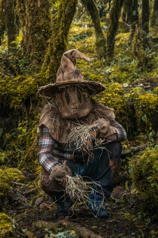 a person kneeling down in the woods while holding soing