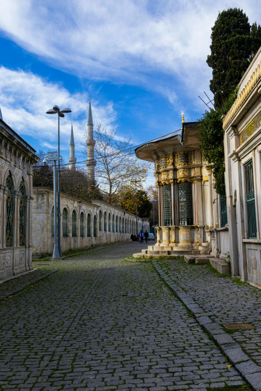 cobble stone street next to two old buildings