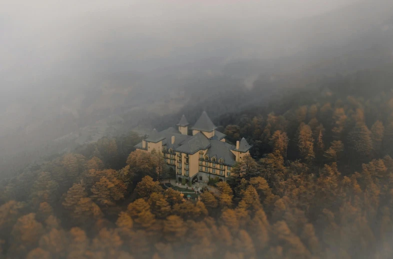an old mansion with a lot of trees in the fog