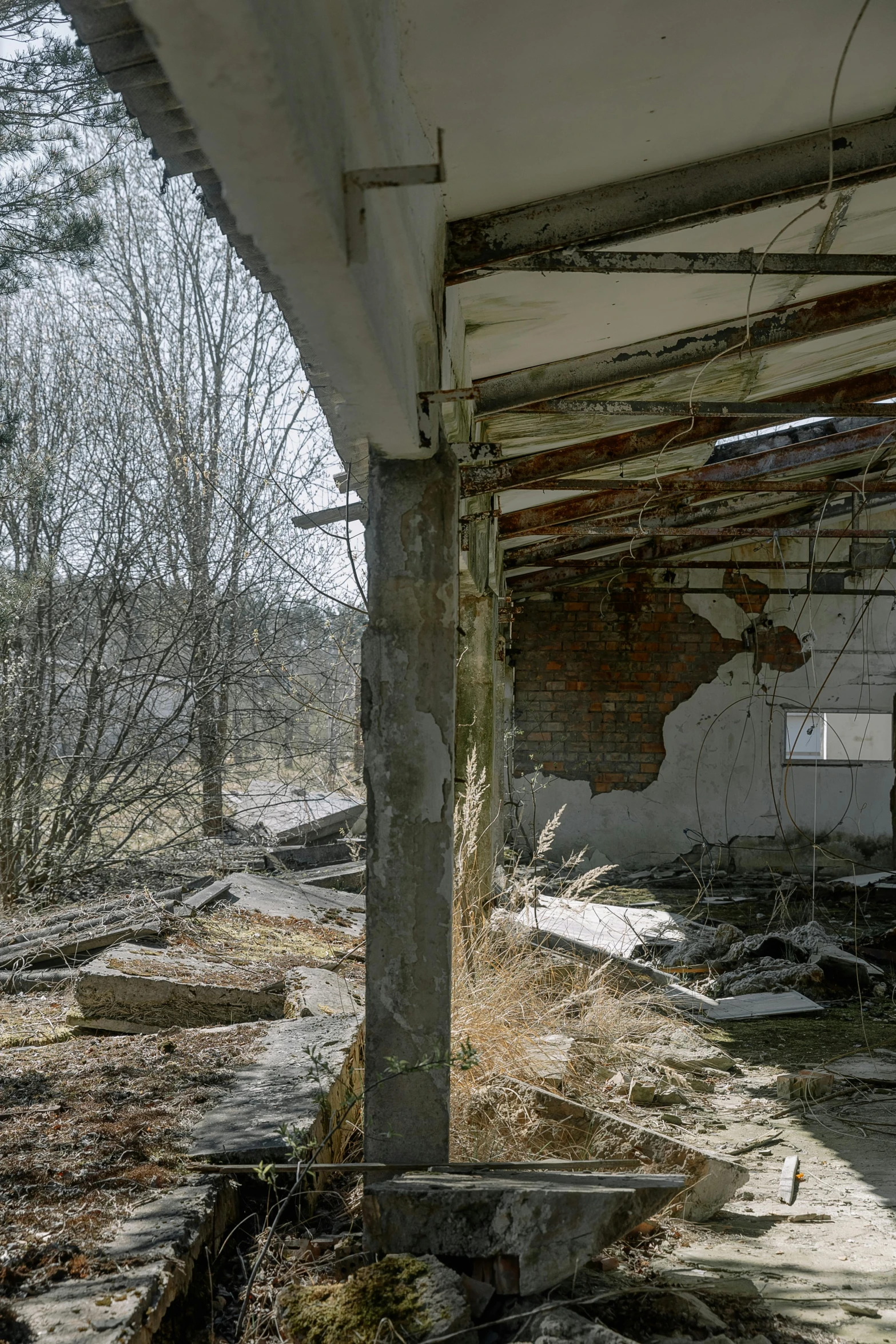 the abandoned house has rusted and chipped paint