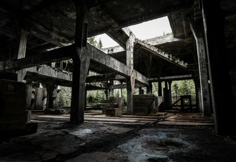 an abandoned building is shown in the middle of a black and white po