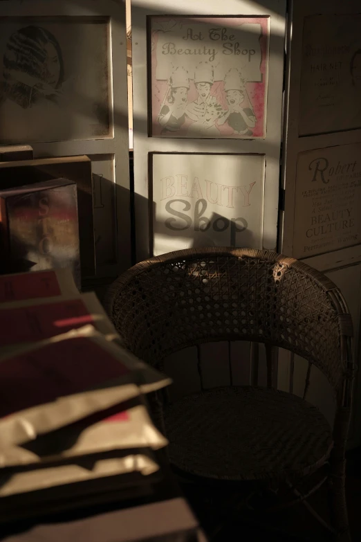 a chair sits in front of several papers