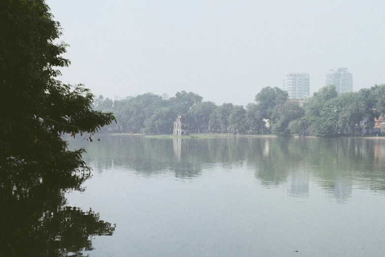 a body of water sitting next to a lush green forest