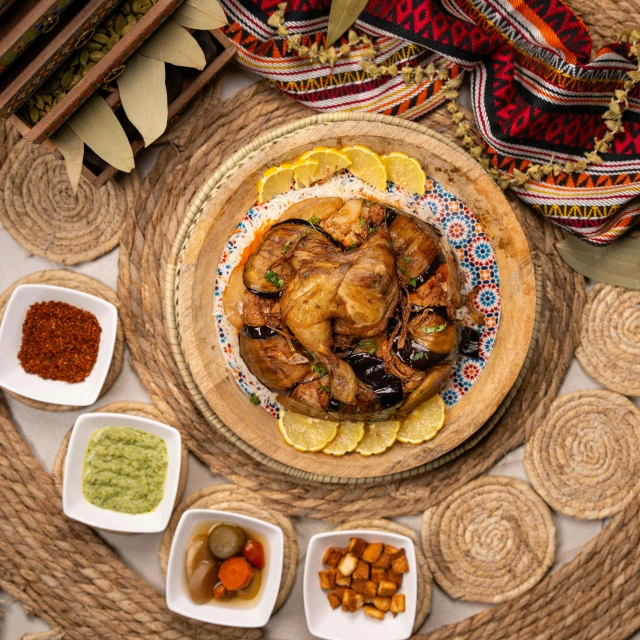 a large tray of food on top of a place mat