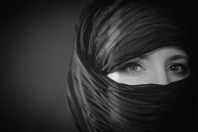 woman with eyes covered by scarf covering her face