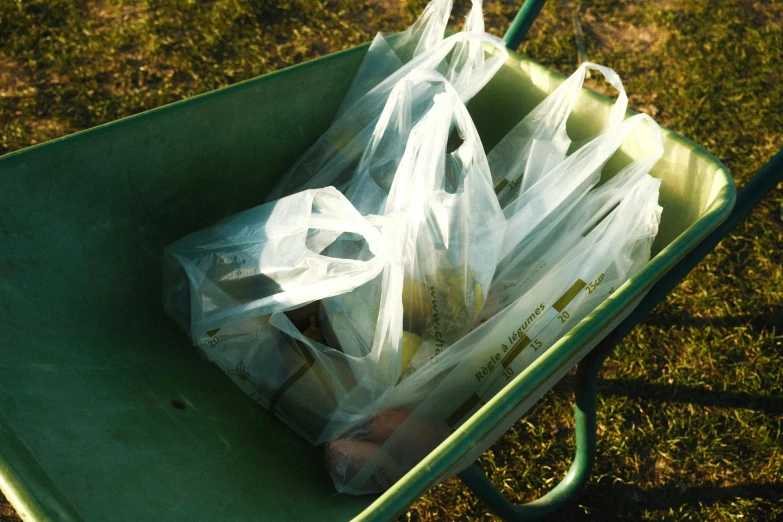 some bags and a small cart in the grass